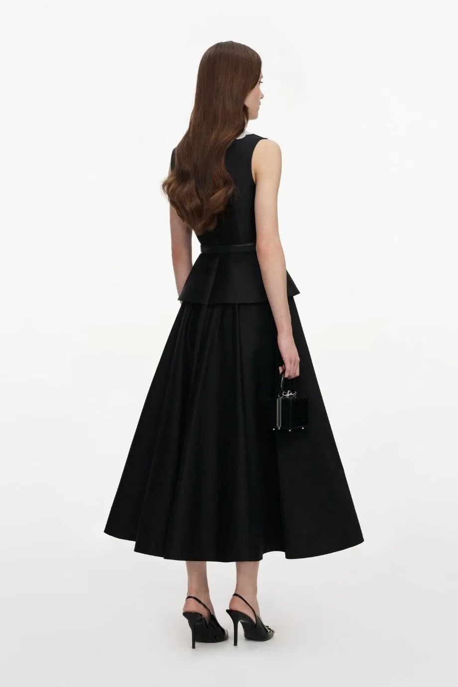 Self-Portrait Taffeta Sleeveless Peplum Belted Sleeveless Midi Dress in Black