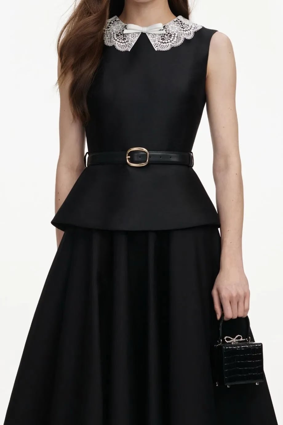 Self-Portrait Taffeta Sleeveless Peplum Belted Sleeveless Midi Dress in Black