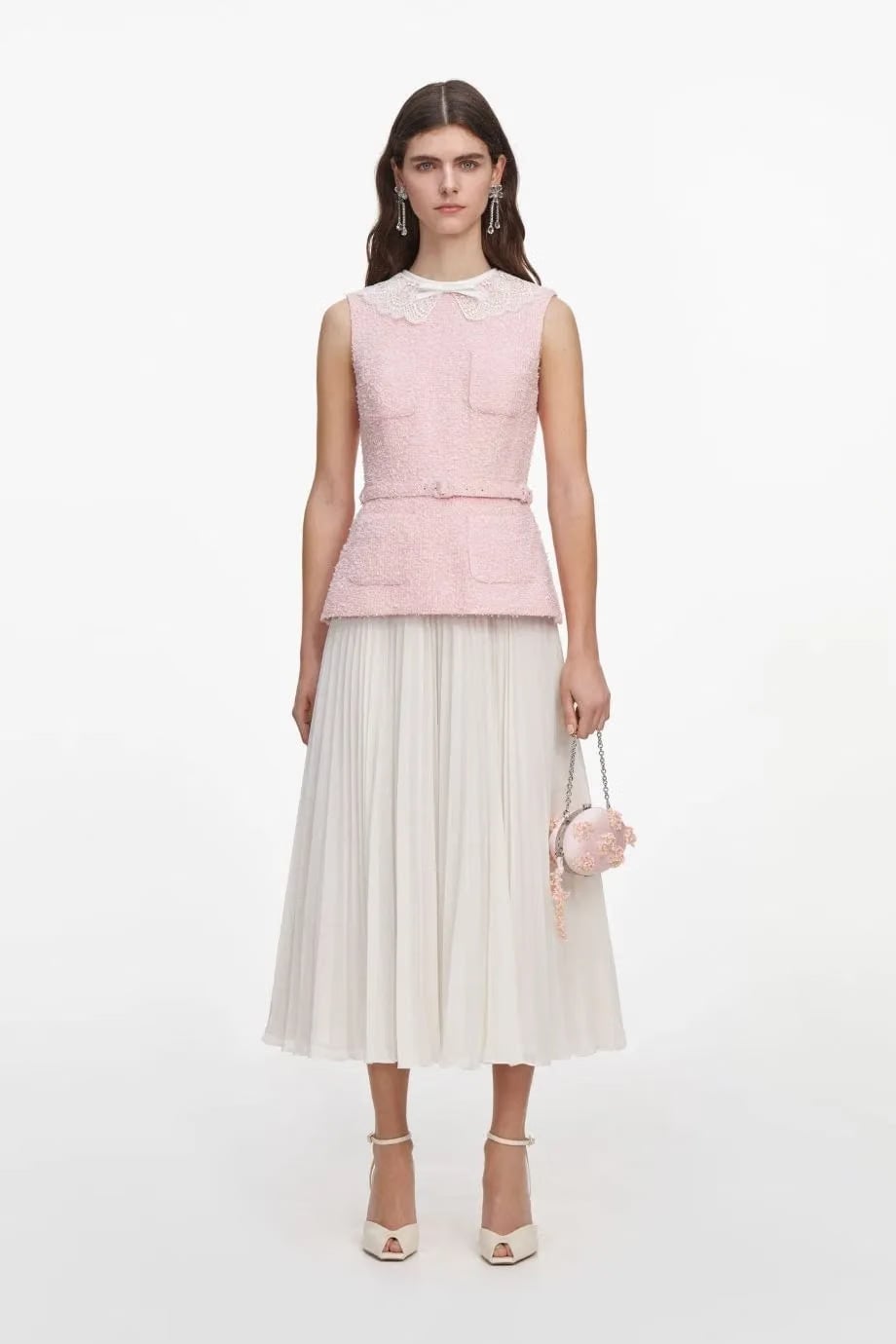 Self-Portrait Boucle Lace Collar Belted Sleeveless Midi Dress in Pink