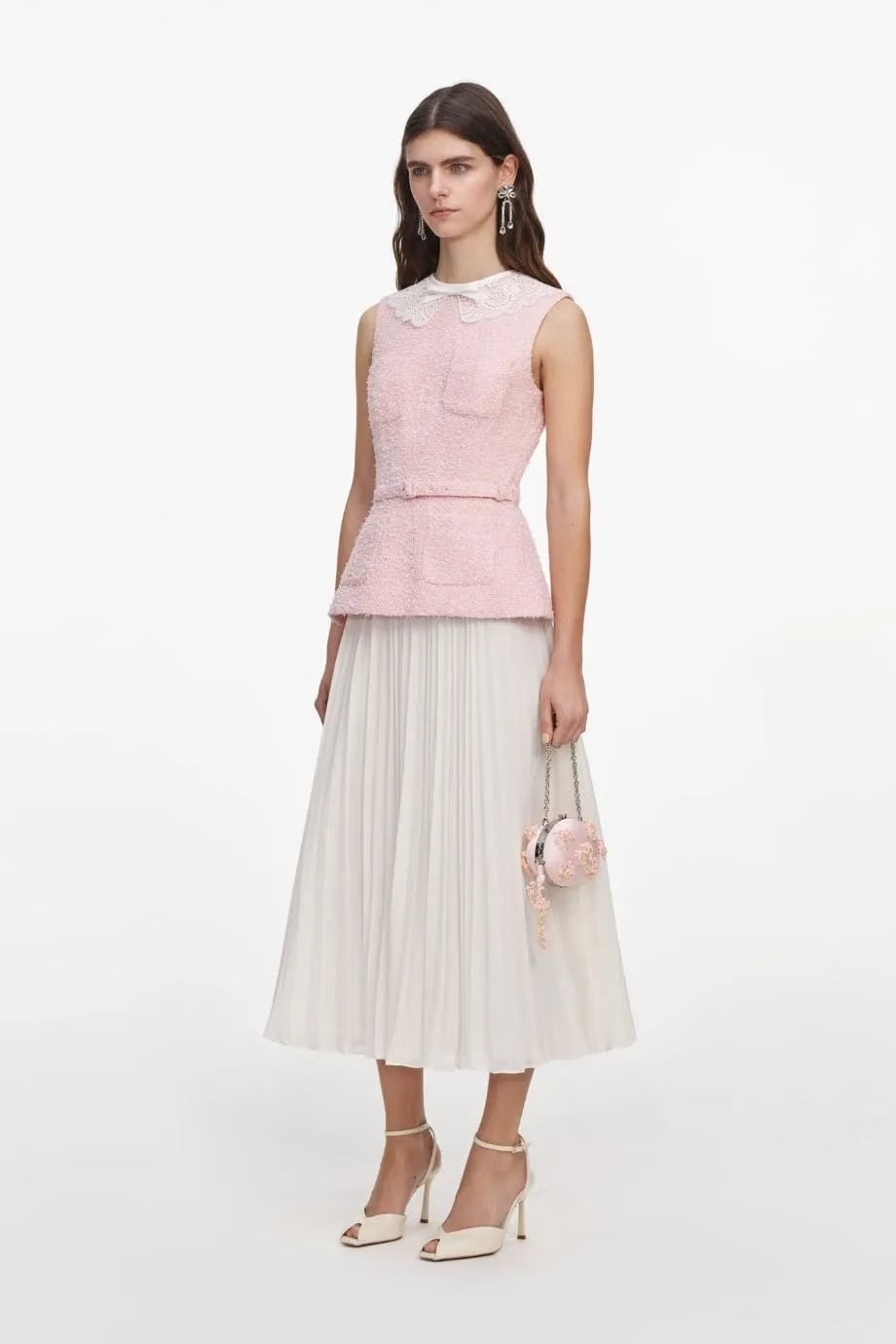 Self-Portrait Boucle Lace Collar Belted Sleeveless Midi Dress in Pink
