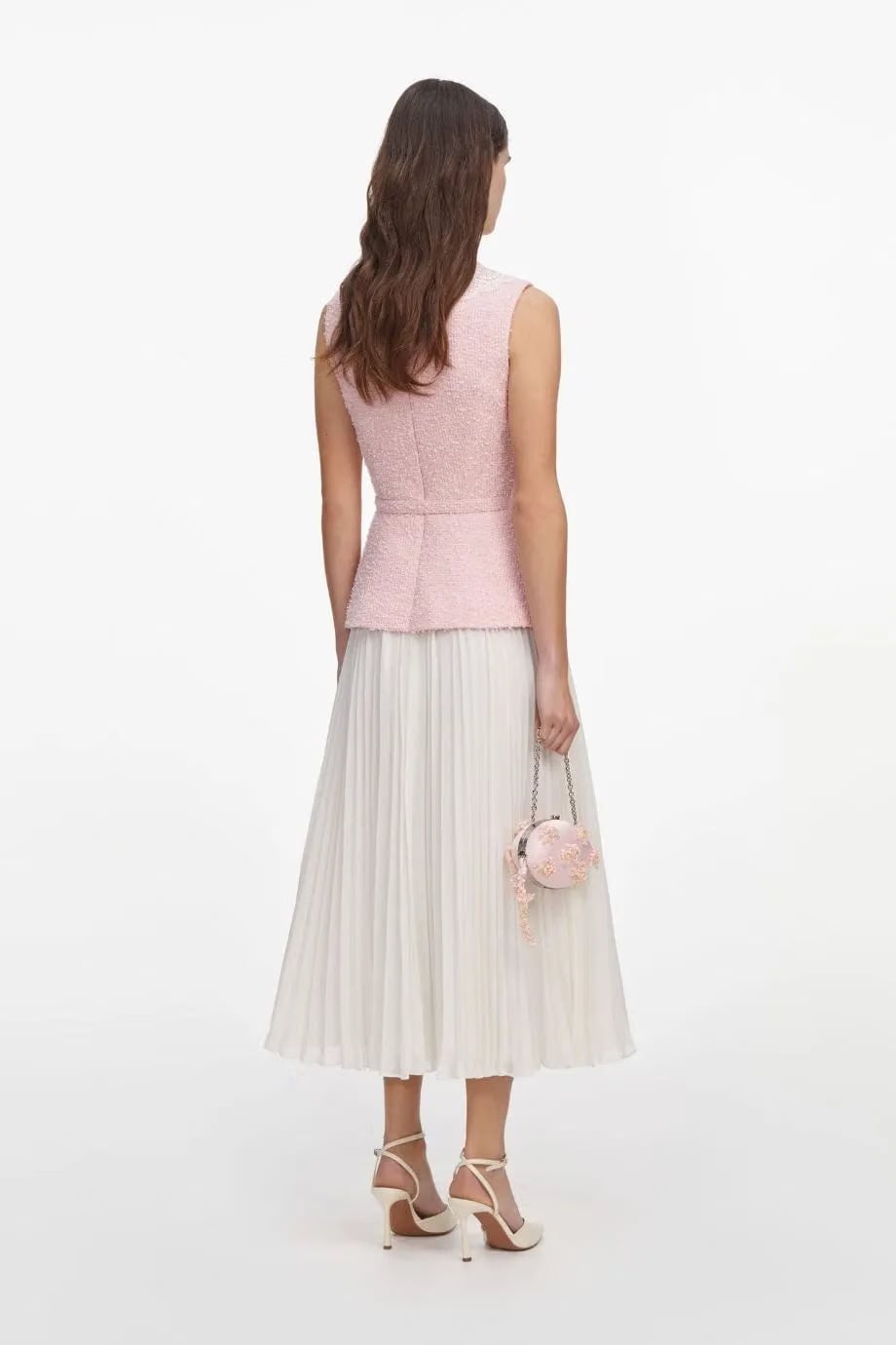 Self-Portrait Boucle Lace Collar Belted Sleeveless Midi Dress in Pink