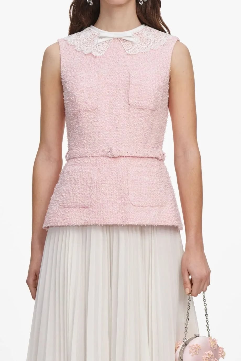 Self-Portrait Boucle Lace Collar Belted Sleeveless Midi Dress in Pink