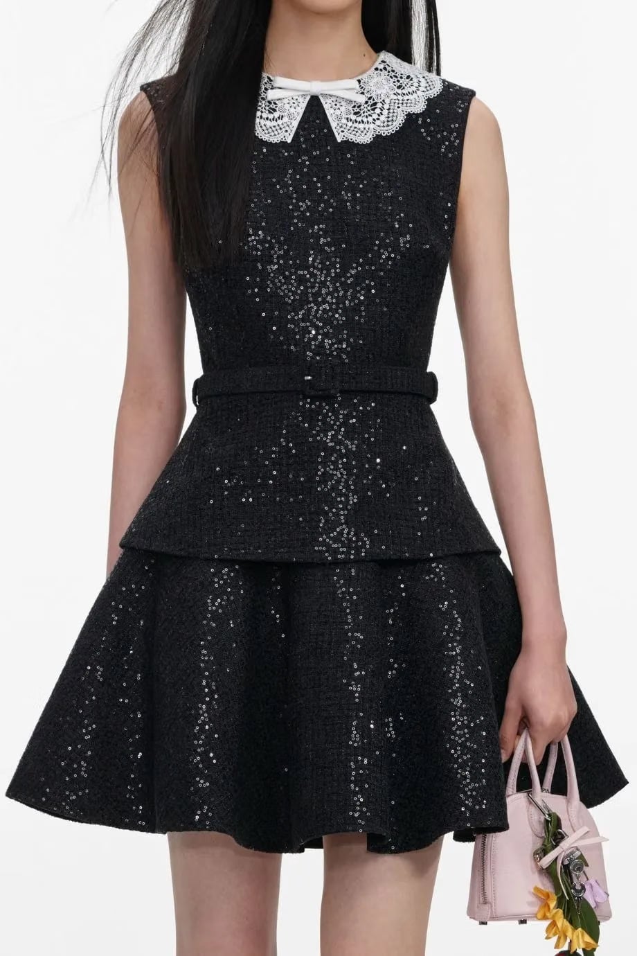 Self-Portrait Sequin Collar Boucle Sleeveless Mini Dress in Black