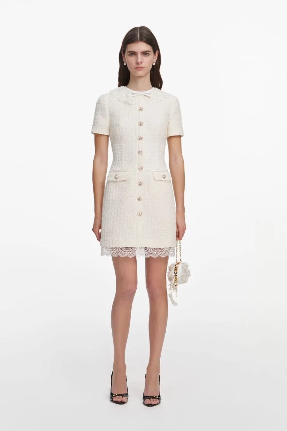 Self-Portrait Boucle Short Sleeves Lace Trim Mini Dress in Cream