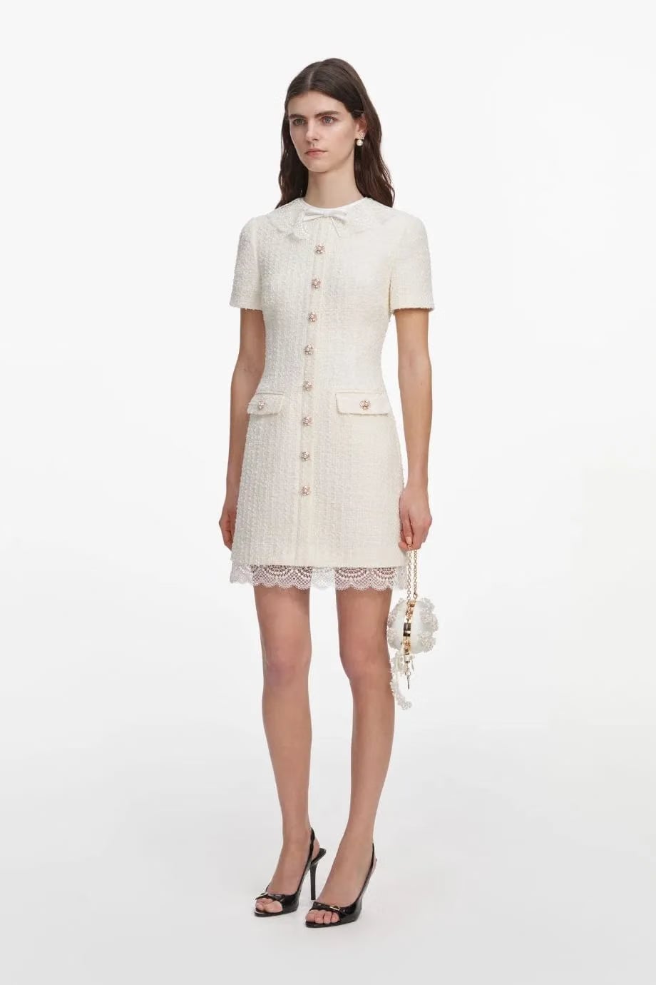 Self-Portrait Boucle Short Sleeves Lace Trim Mini Dress in Cream