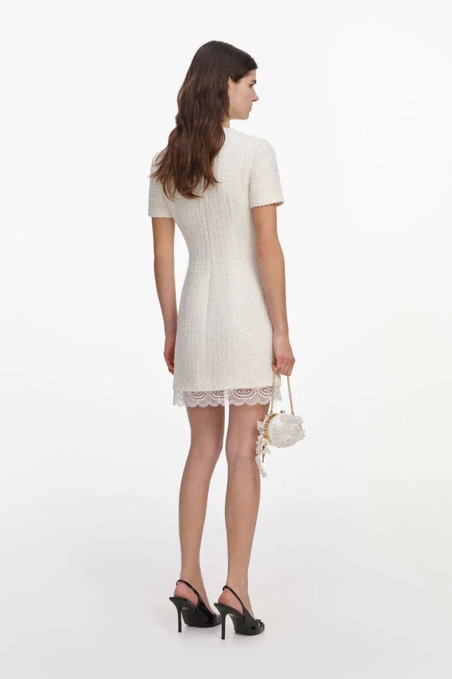 Self-Portrait Boucle Short Sleeves Lace Trim Mini Dress in Cream