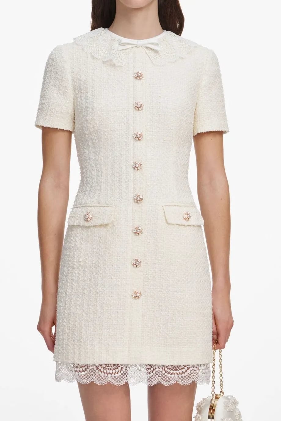 Self-Portrait Boucle Short Sleeves Lace Trim Mini Dress in Cream