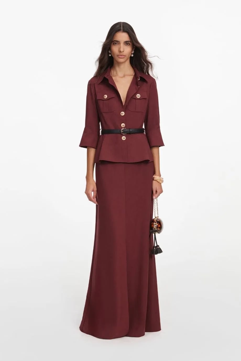 Self-Portrait Twill Long Sleeves Belted Maxi Dress in Brown