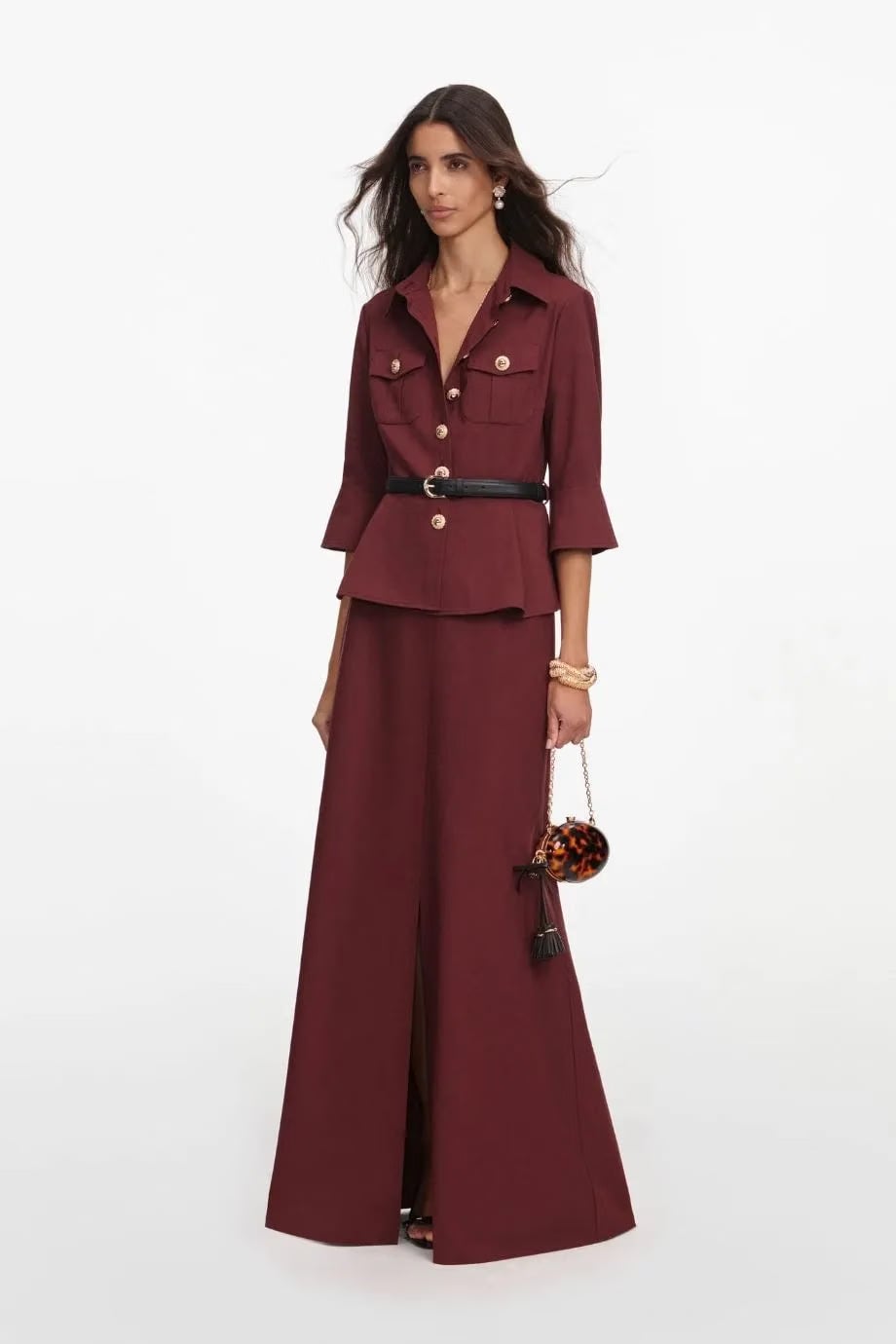 Self-Portrait Twill Long Sleeves Belted Maxi Dress in Brown