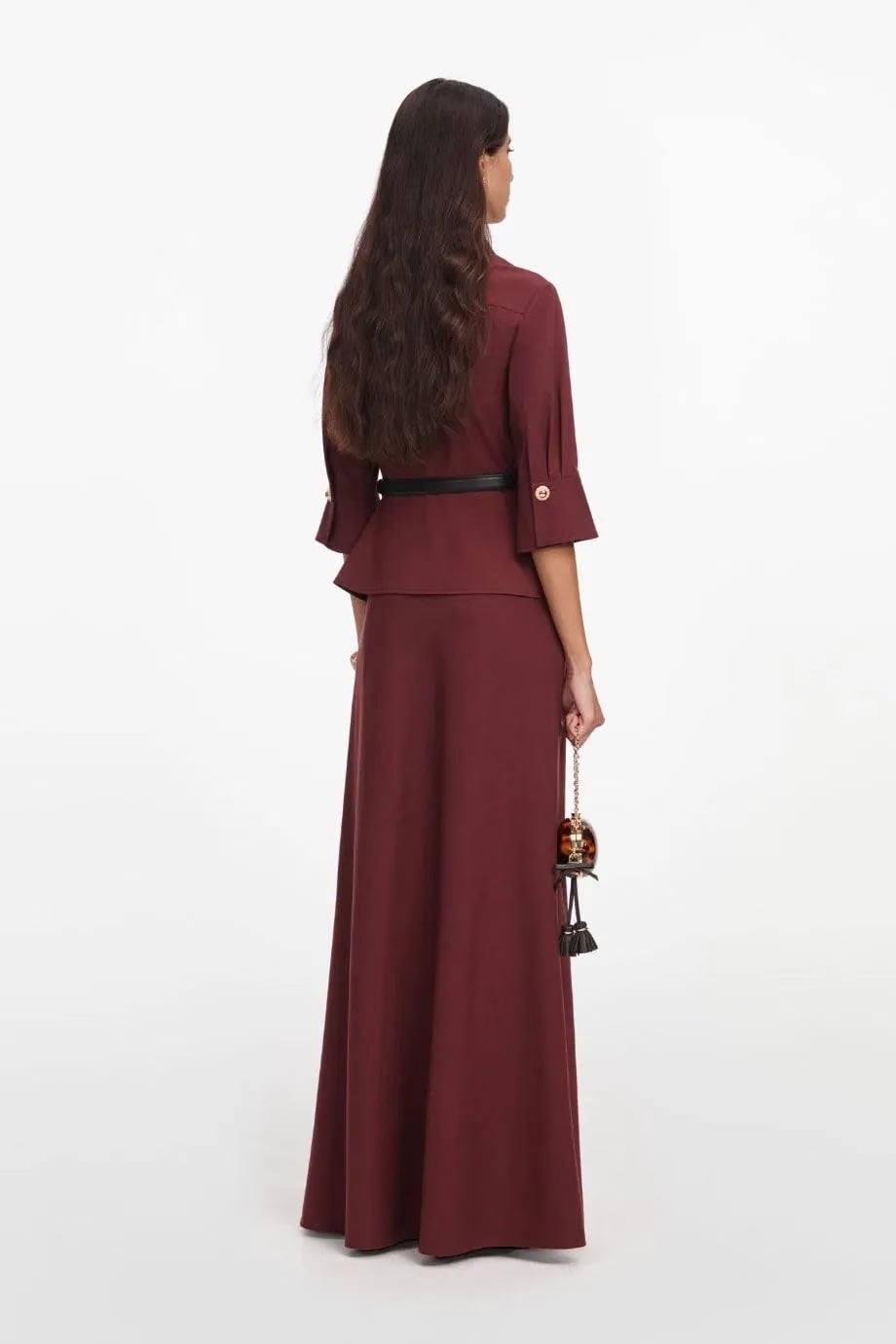 Self-Portrait Twill Long Sleeves Belted Maxi Dress in Brown