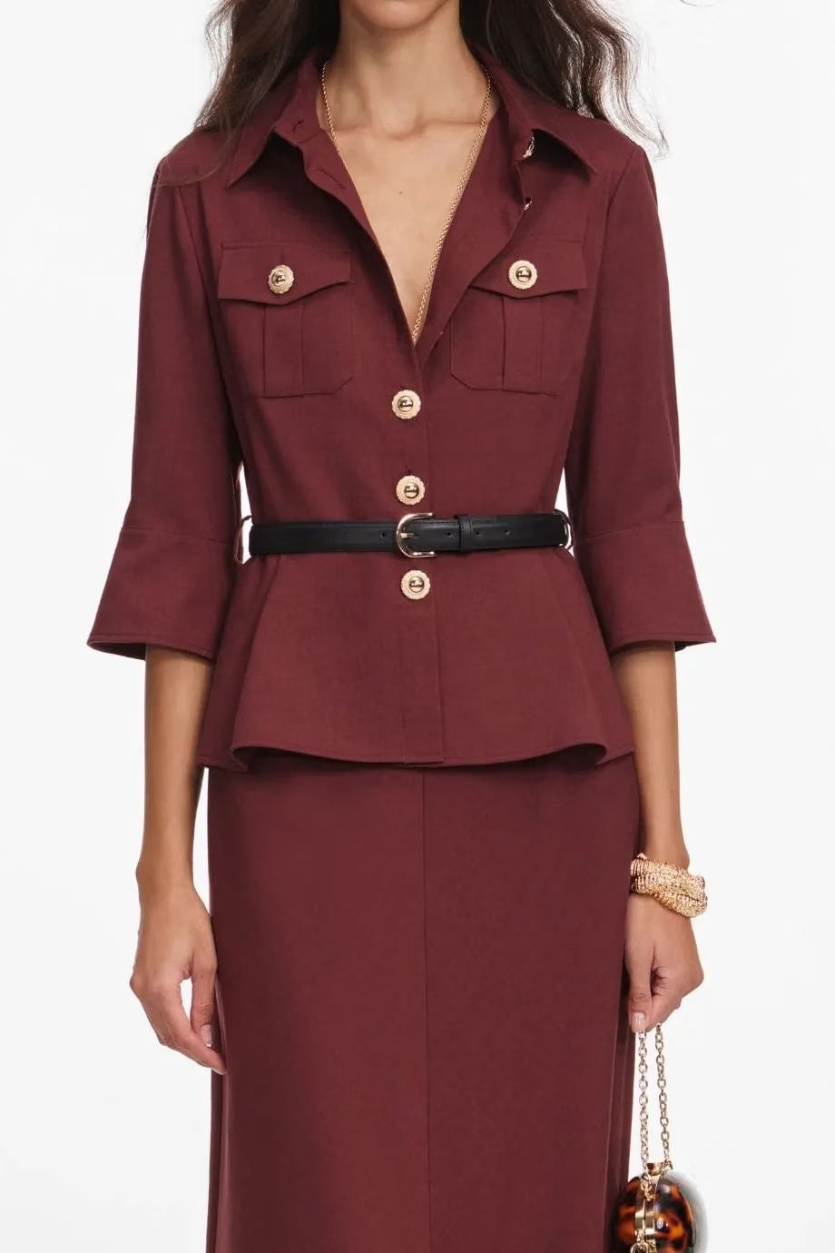 Self-Portrait Twill Long Sleeves Belted Maxi Dress in Brown
