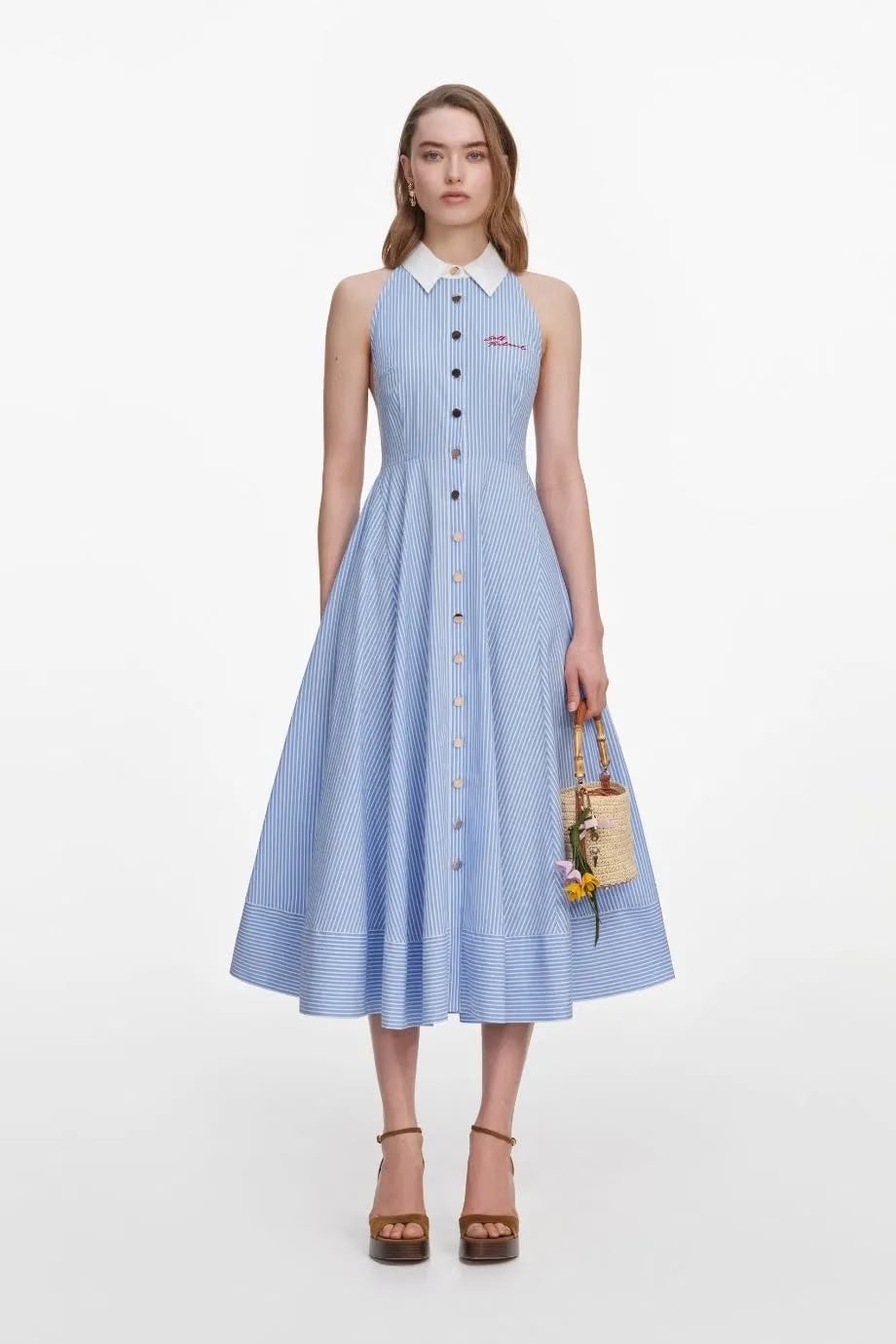 Self-Portrait Striped Sleeveless Collar Cotton Midi Dress in Blue