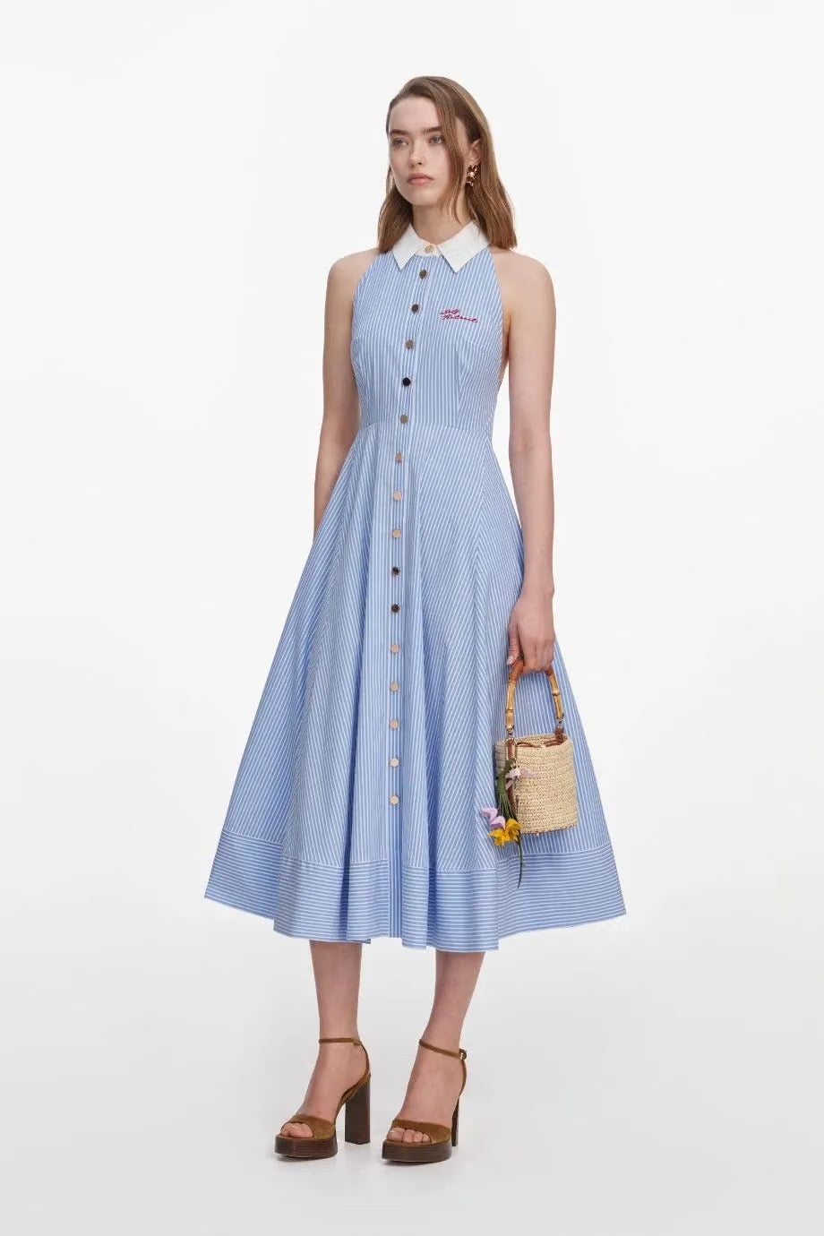 Self-Portrait Striped Sleeveless Collar Cotton Midi Dress in Blue