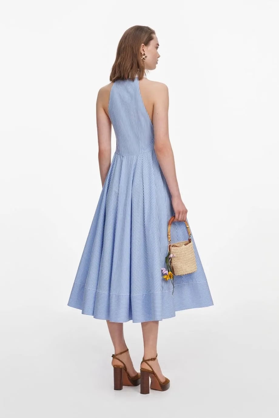 Self-Portrait Striped Sleeveless Collar Cotton Midi Dress in Blue