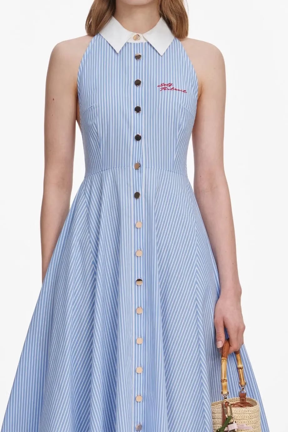 Self-Portrait Striped Sleeveless Collar Cotton Midi Dress in Blue