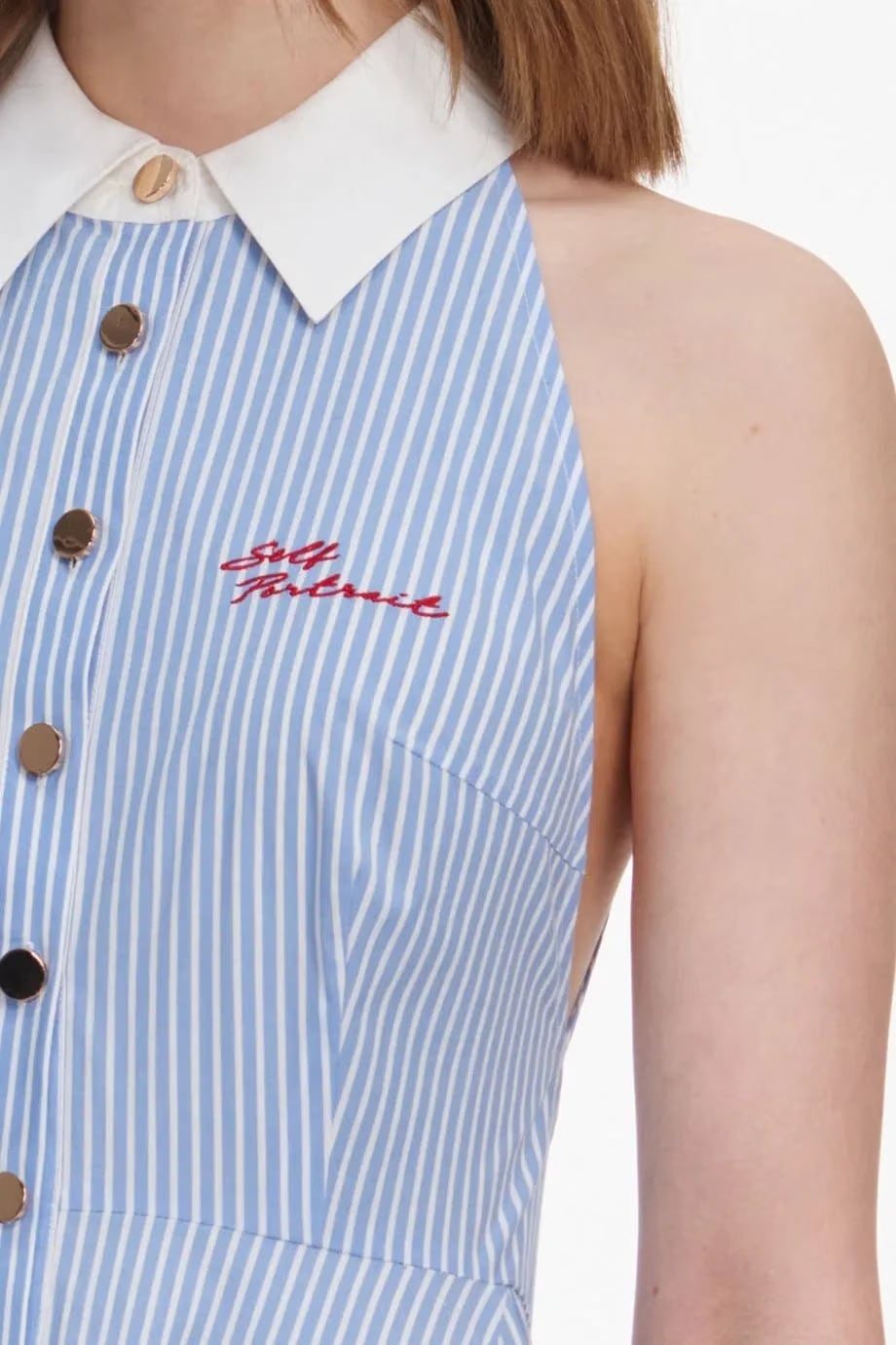 Self-Portrait Striped Sleeveless Collar Cotton Midi Dress in Blue