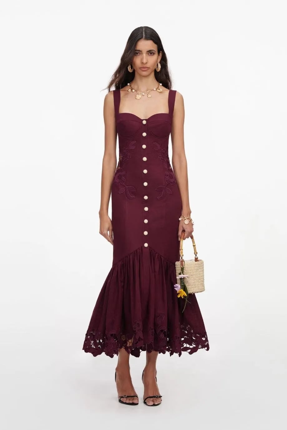 Self-Portrait Buttoned Linen Lace Sleeveless Midi Dress in Burgundy
