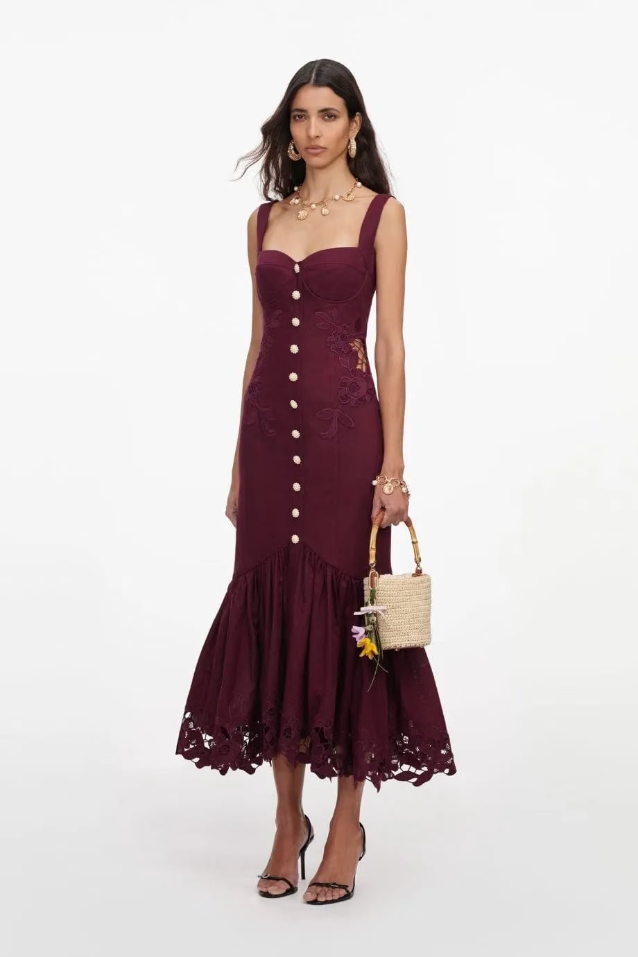 Self-Portrait Buttoned Linen Lace Sleeveless Midi Dress in Burgundy