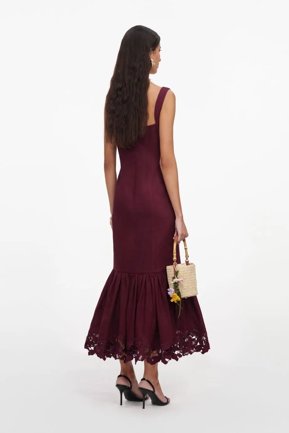 Self-Portrait Buttoned Linen Lace Sleeveless Midi Dress in Burgundy