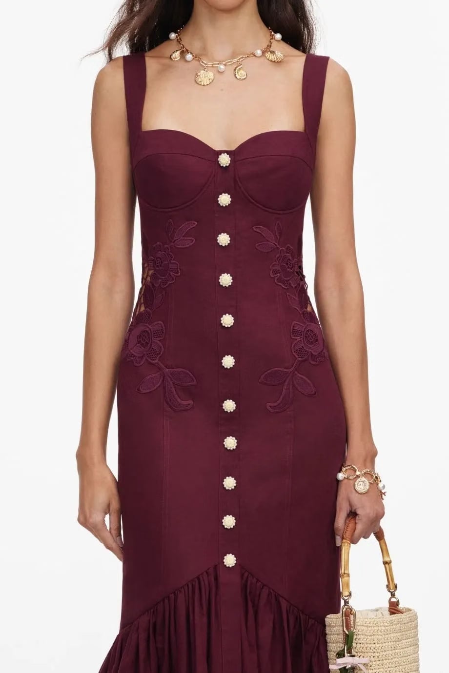 Self-Portrait Buttoned Linen Lace Sleeveless Midi Dress in Burgundy