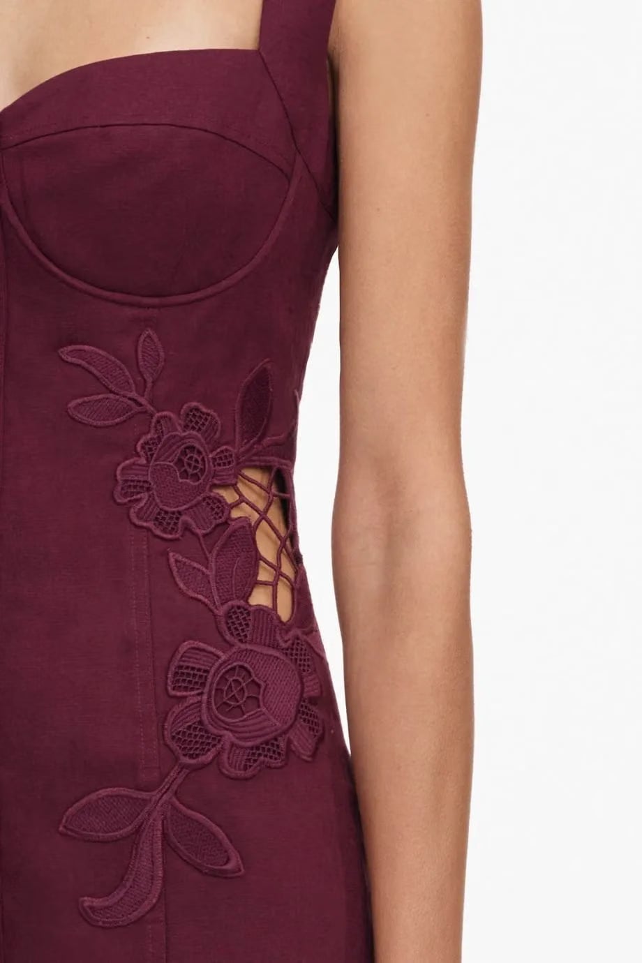 Self-Portrait Buttoned Linen Lace Sleeveless Midi Dress in Burgundy