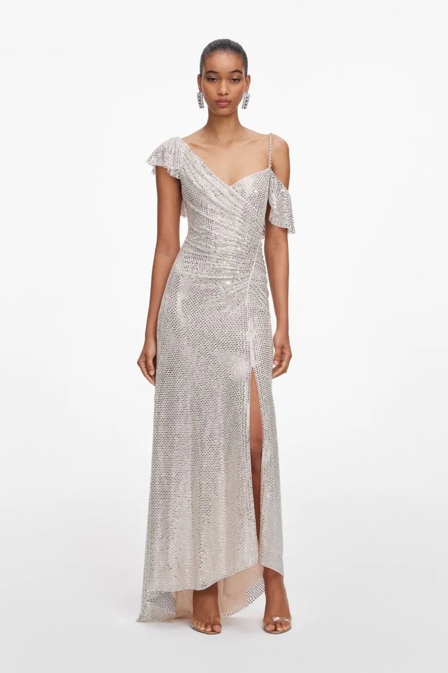 Self-Portrait Rhinestones Ruffles Draped Evening Dress in Beige