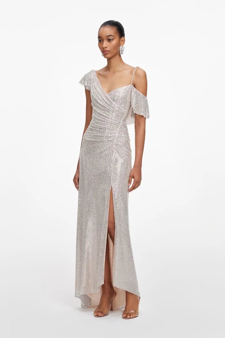 Self-Portrait Rhinestones Ruffles Draped Evening Dress in Beige