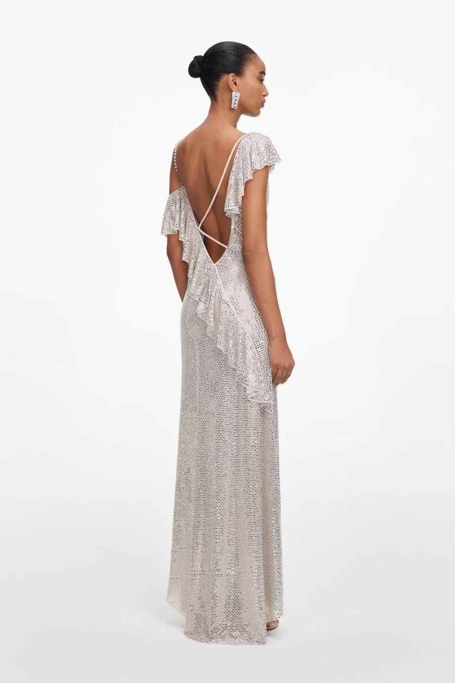 Self-Portrait Rhinestones Ruffles Draped Evening Dress in Beige
