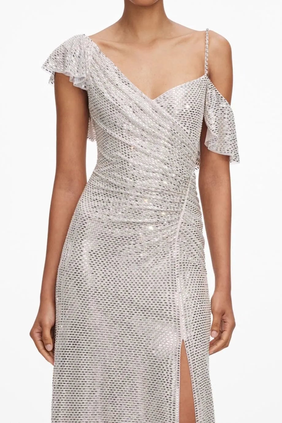 Self-Portrait Rhinestones Ruffles Draped Evening Dress in Beige