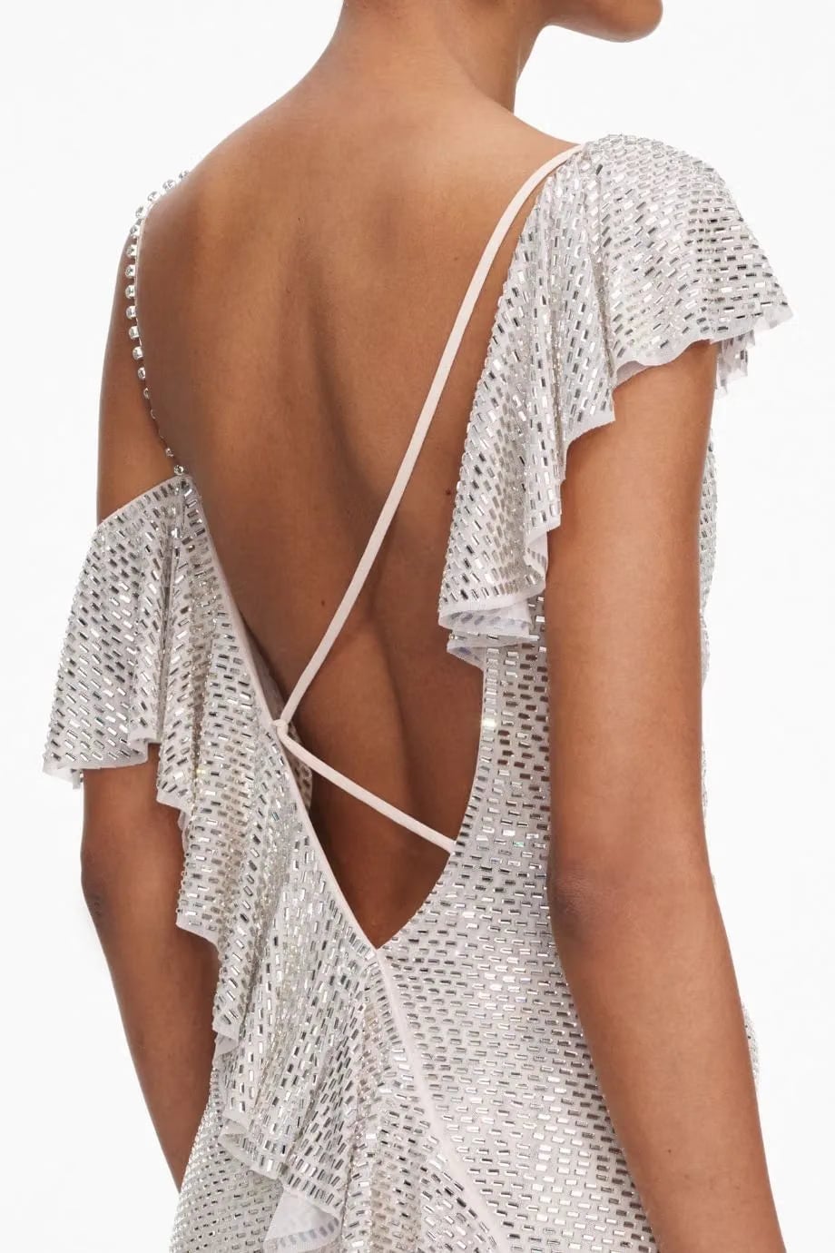 Self-Portrait Rhinestones Ruffles Draped Evening Dress in Beige