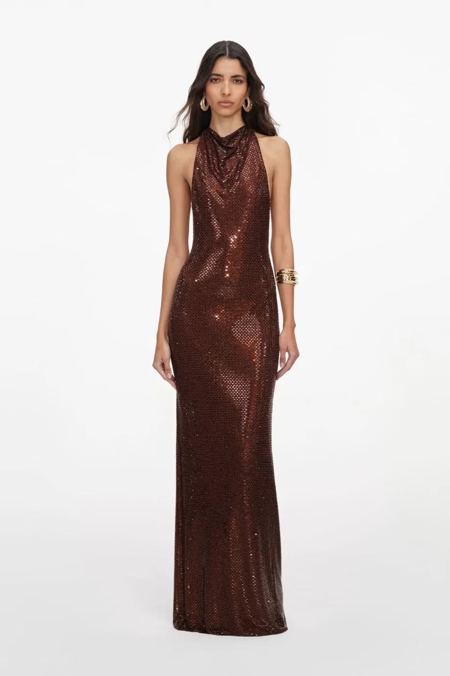 Self-Portrait Rhinestones Racer Back Evening Dress in Brown