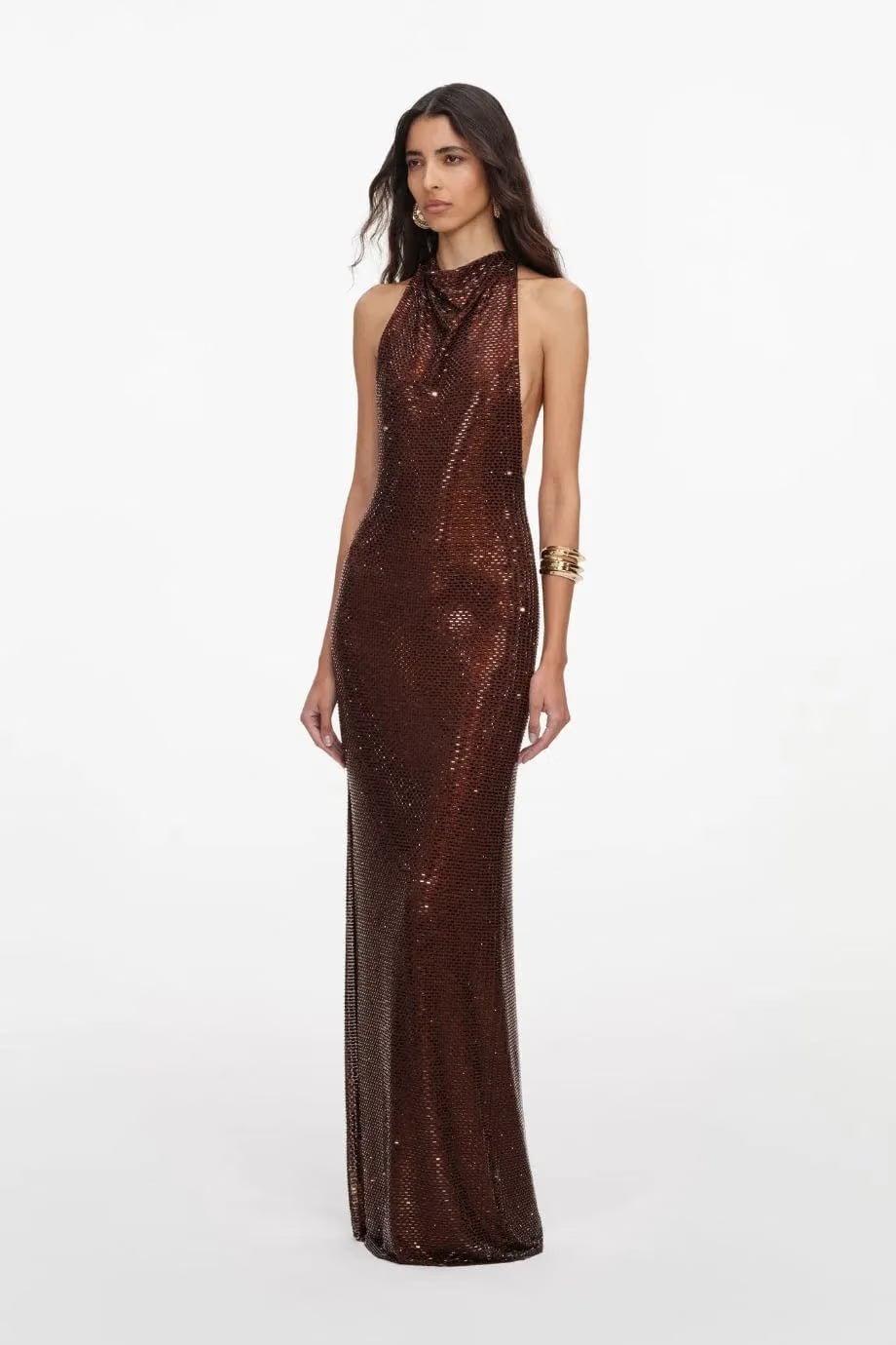 Self-Portrait Rhinestones Racer Back Evening Dress in Brown