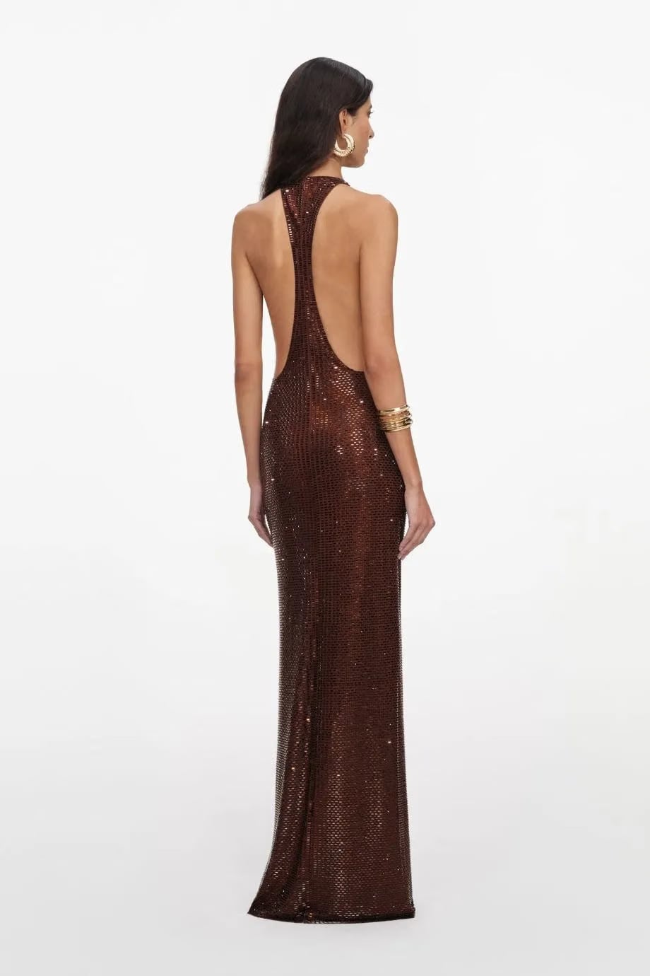 Self-Portrait Rhinestones Racer Back Evening Dress in Brown