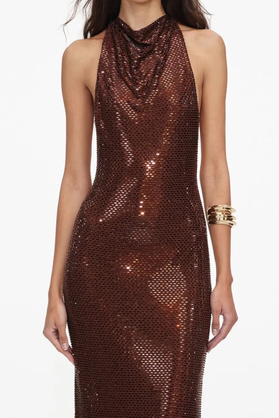 Self-Portrait Rhinestones Racer Back Evening Dress in Brown