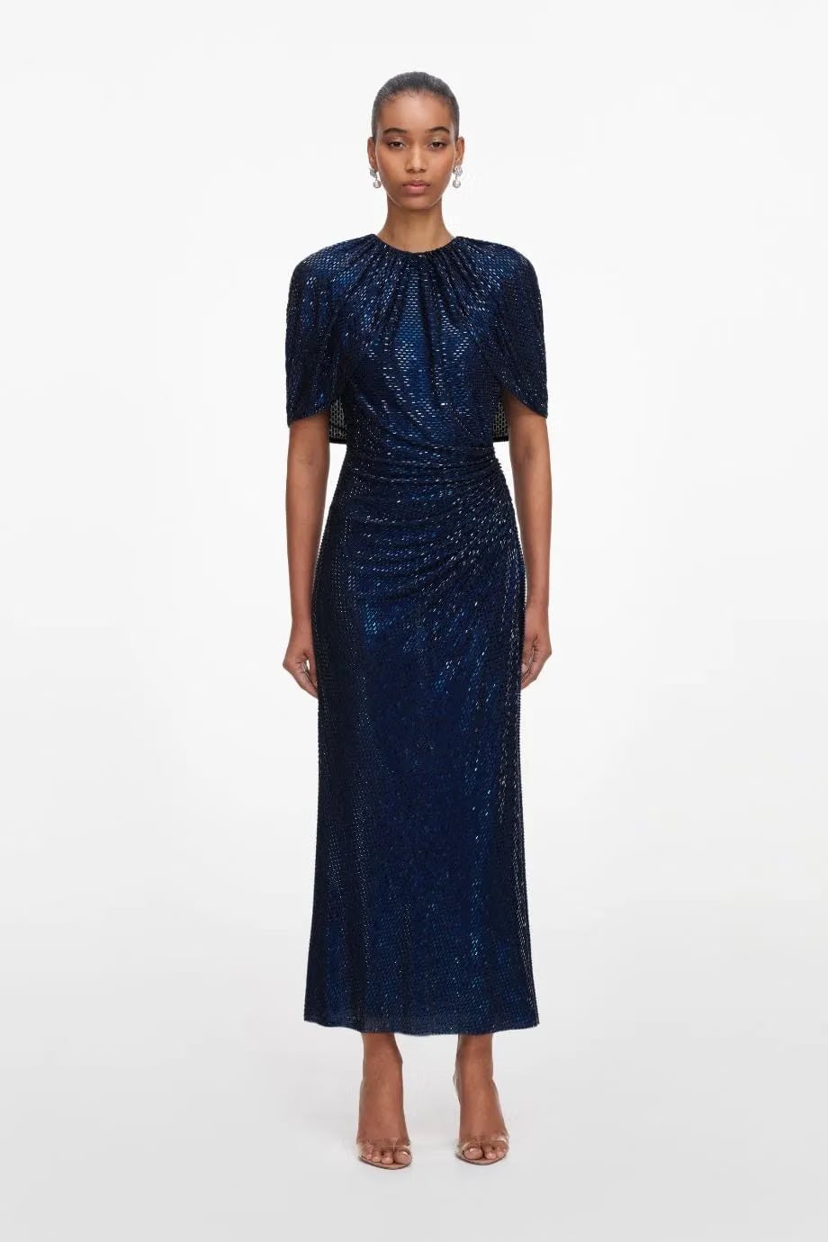 Self-Portrait Rhinestones Cape Sleeves Evening Dress in Blue