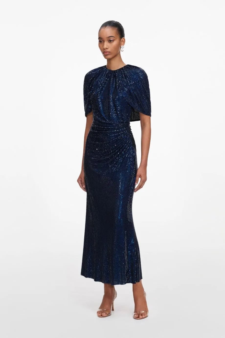 Self-Portrait Rhinestones Cape Sleeves Evening Dress in Blue