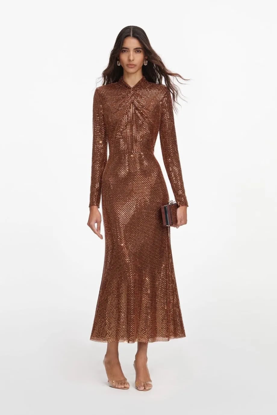 Self-Portrait Long Sleeves Rhinestones Evening Dress in Brown