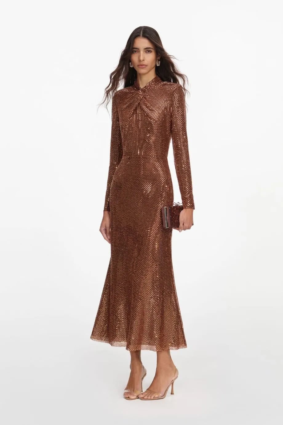 Self-Portrait Long Sleeves Rhinestones Evening Dress in Brown