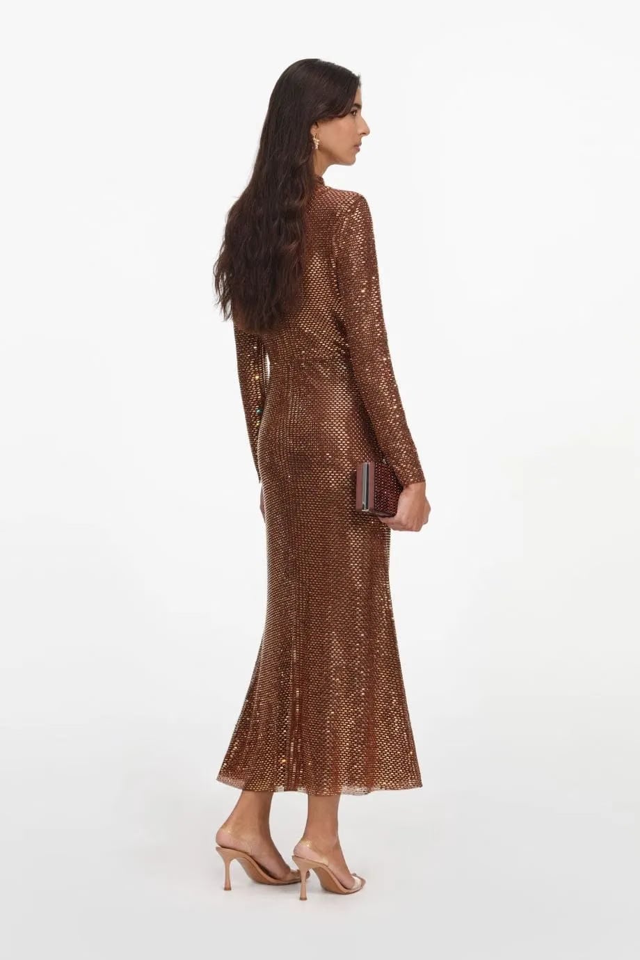 Self-Portrait Long Sleeves Rhinestones Evening Dress in Brown