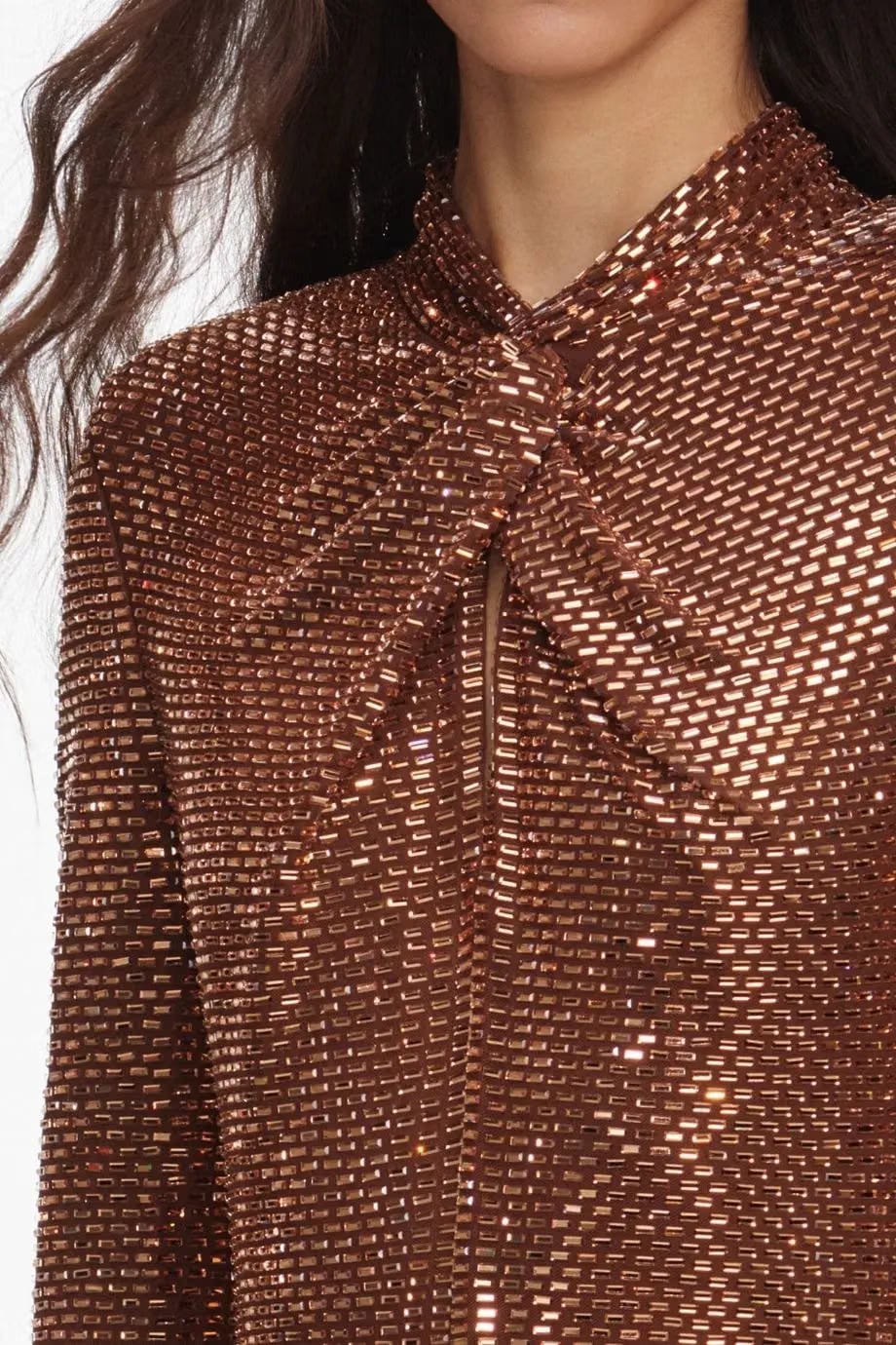 Self-Portrait Long Sleeves Rhinestones Evening Dress in Brown