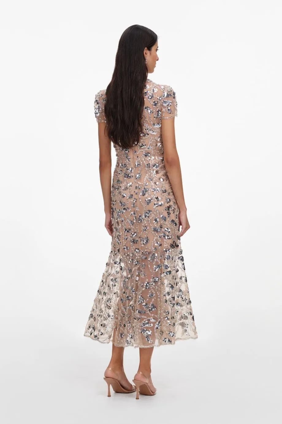 Self-Portrait Sequin Collar Embellished Short Sleeves Evening Dress in Silver