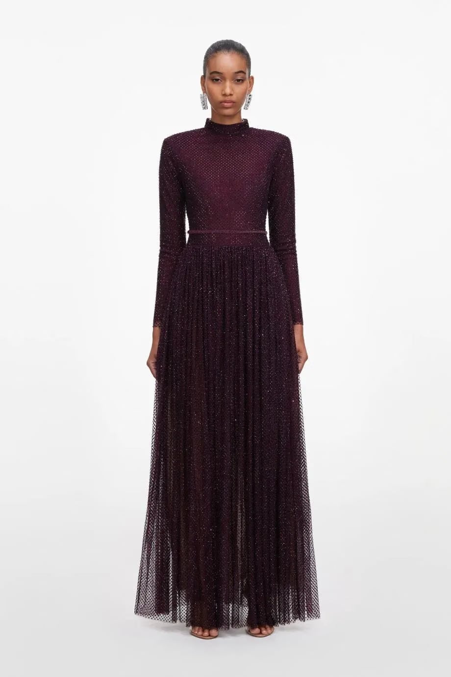Self-Portrait Rhinestones Long Sleeves Belted Evening Dress in Burgundy