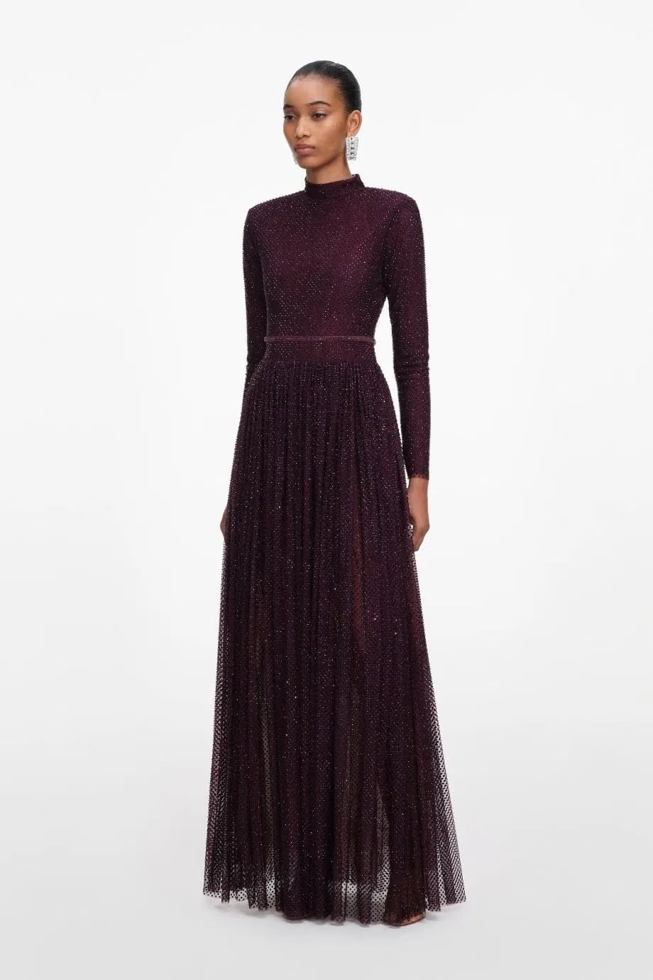 Self-Portrait Rhinestones Long Sleeves Belted Evening Dress in Burgundy
