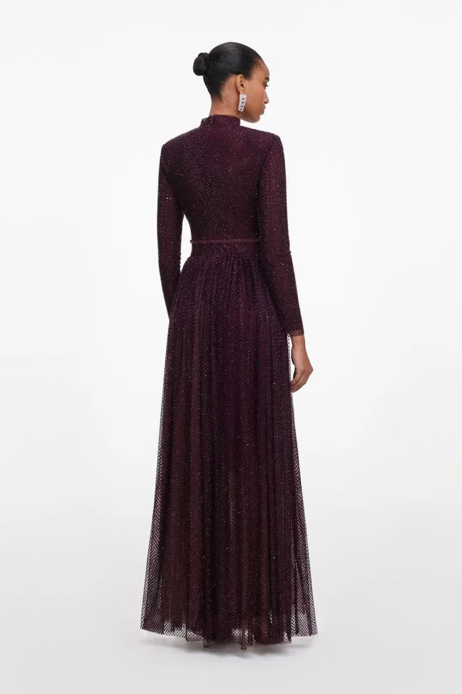 Self-Portrait Rhinestones Long Sleeves Belted Evening Dress in Burgundy