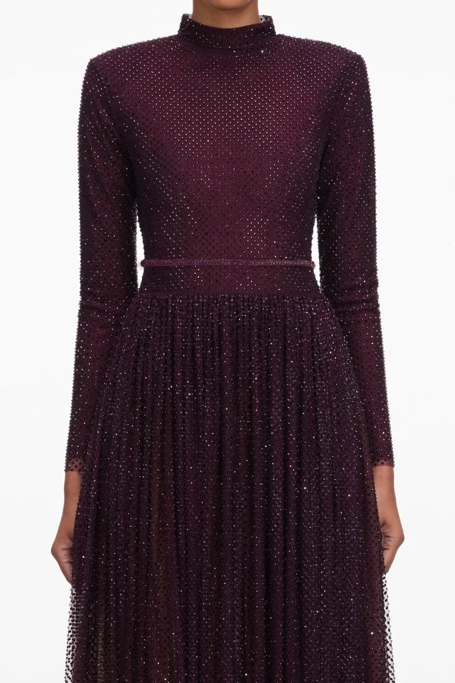 Self-Portrait Rhinestones Long Sleeves Belted Evening Dress in Burgundy