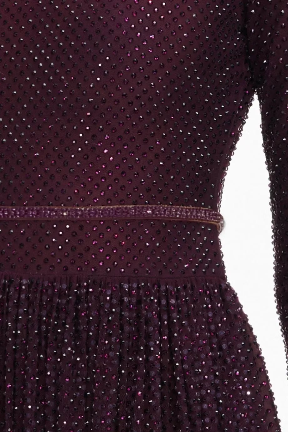 Self-Portrait Rhinestones Long Sleeves Belted Evening Dress in Burgundy