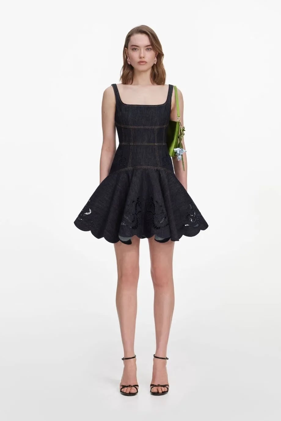 Self-Portrait Denim Bow Embroidered Sleeveless Cotton Mini Dress in Blue