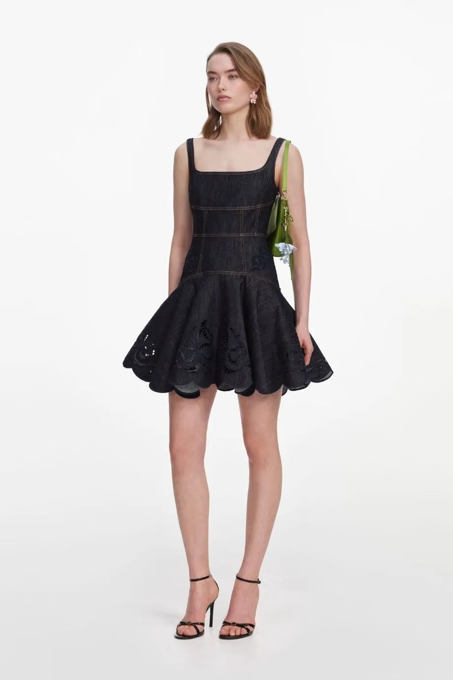 Self-Portrait Denim Bow Embroidered Sleeveless Cotton Mini Dress in Blue