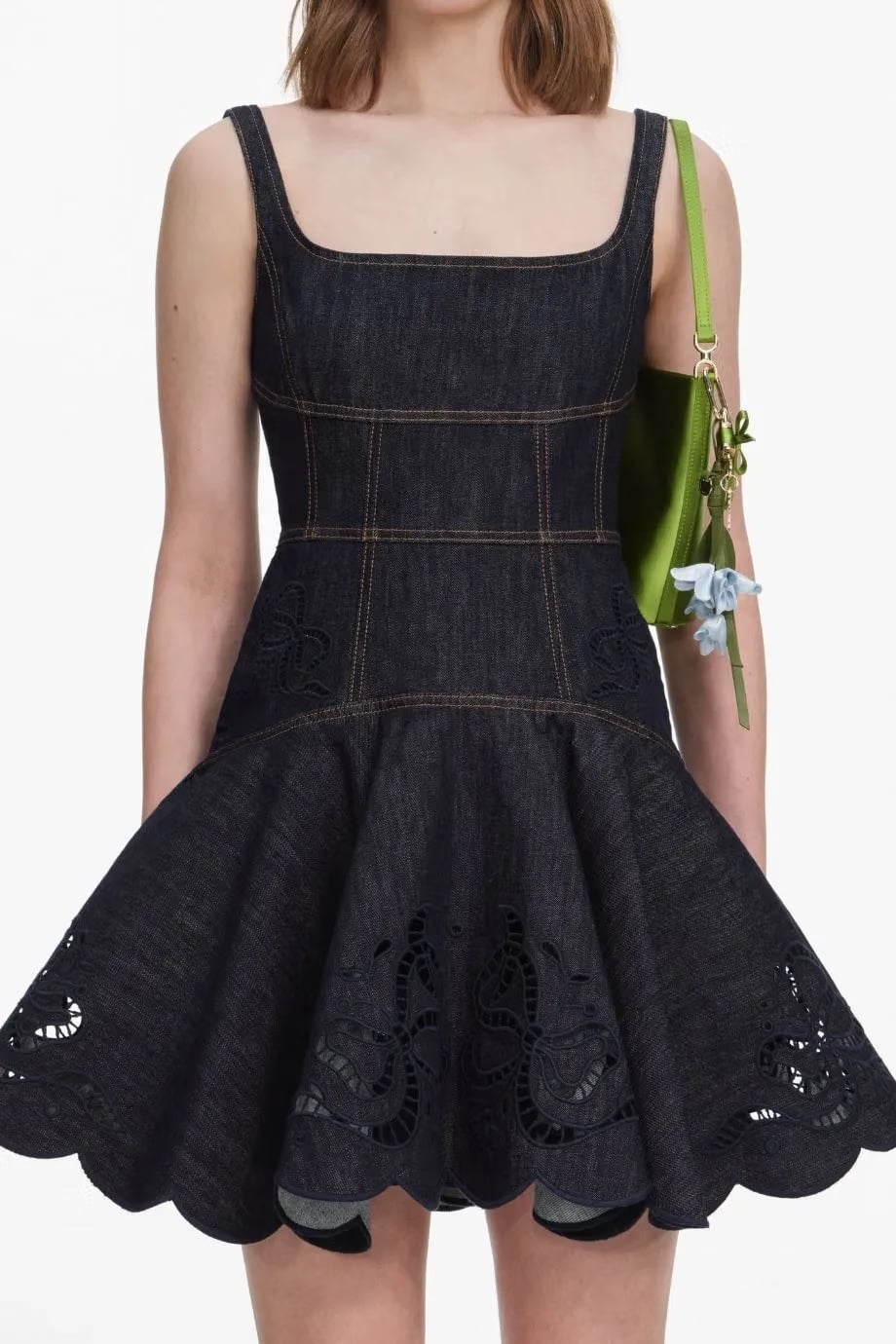 Self-Portrait Denim Bow Embroidered Sleeveless Cotton Mini Dress in Blue