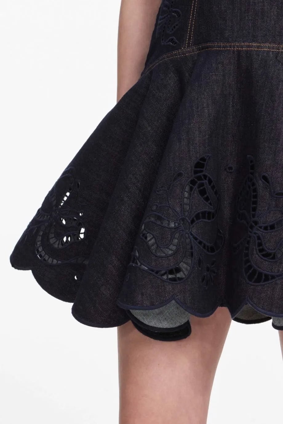 Self-Portrait Denim Bow Embroidered Sleeveless Cotton Mini Dress in Blue